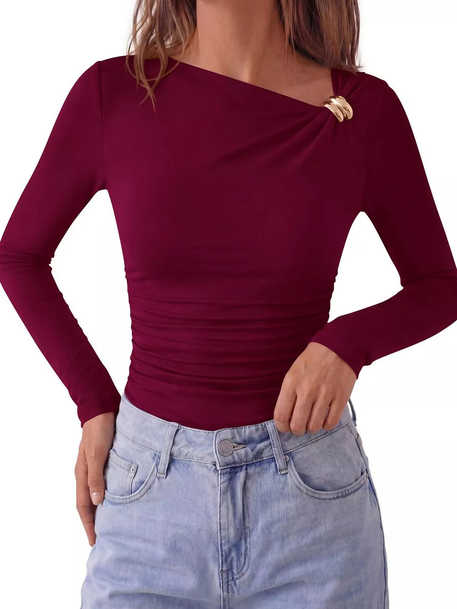 Metal Detail Long Sleeve T-shirt in Burgundy with ruched