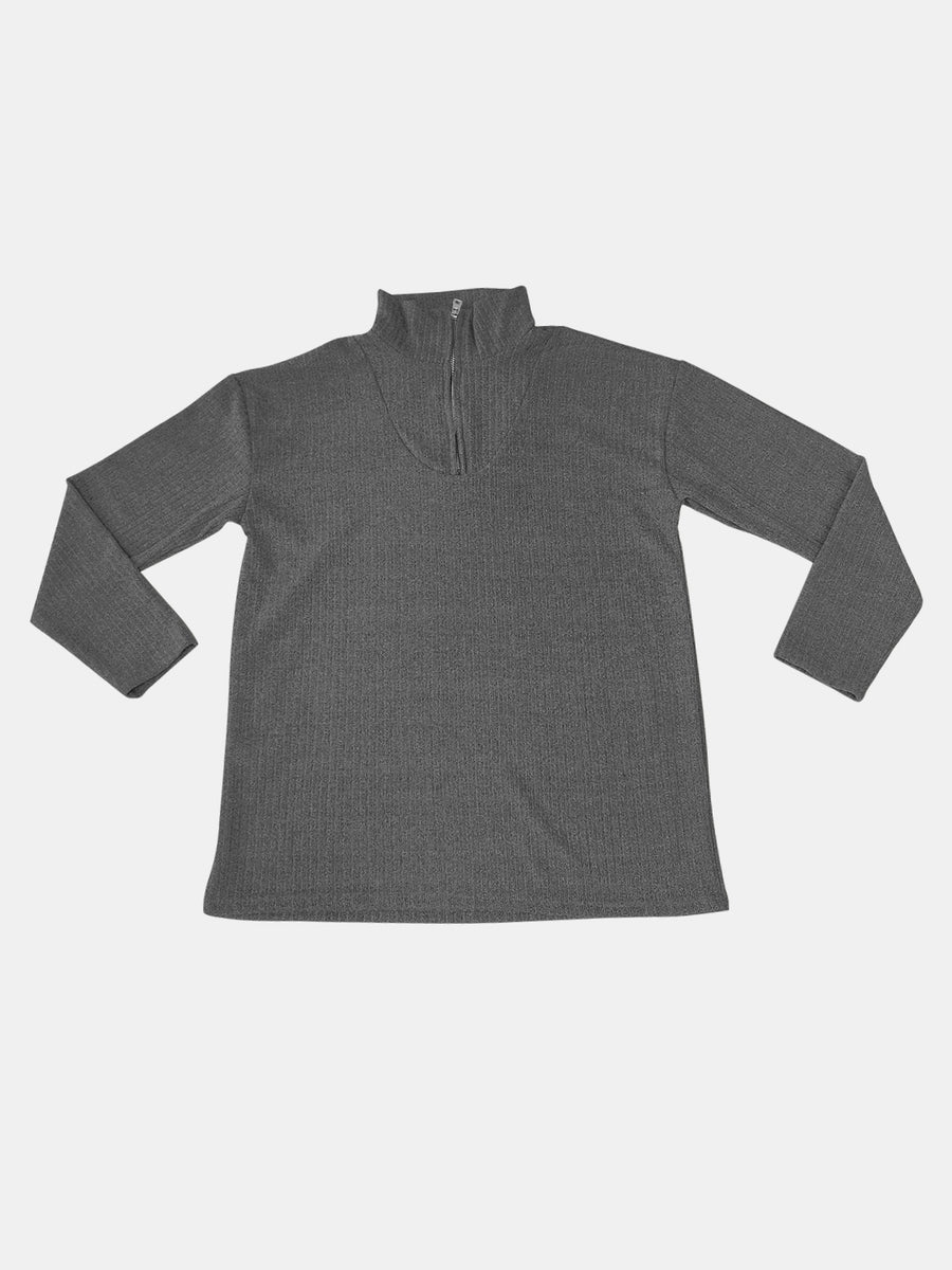Dark gray ribbed knit quarter-zip pullover sweater with a mock neck.