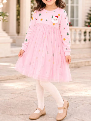 light pink fit-and-flare dress with Christmas print and round neck