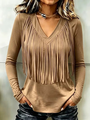 t-shirt in camel featuring fringe and regular fit