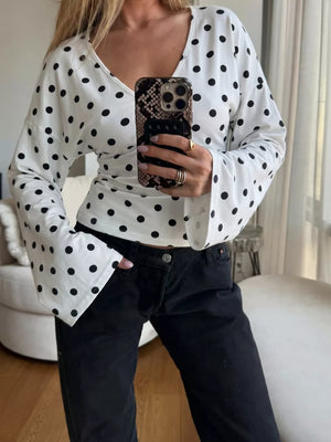 Black with Polka Dot V-neck Long Sleeve T-shirt