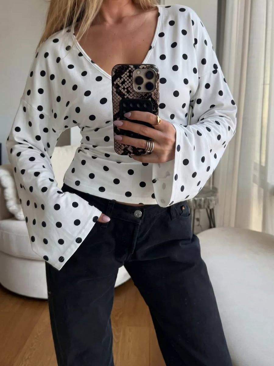Black with Polka Dot V-neck Long Sleeve T-shirt
