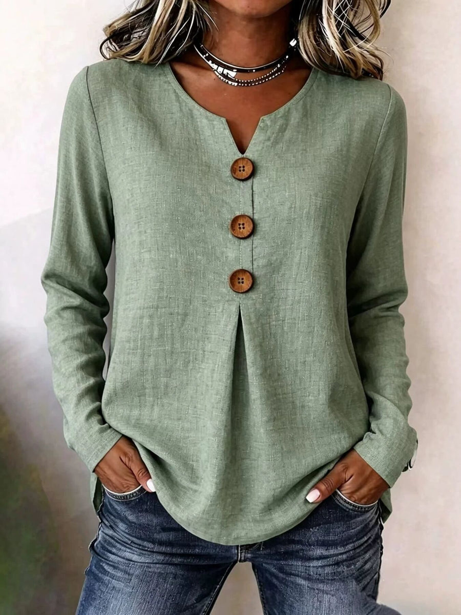 Green relaxed blouse with notch v-neck