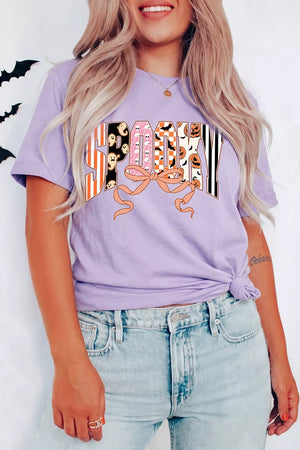 lavender t-shirt with graphic print and round neck