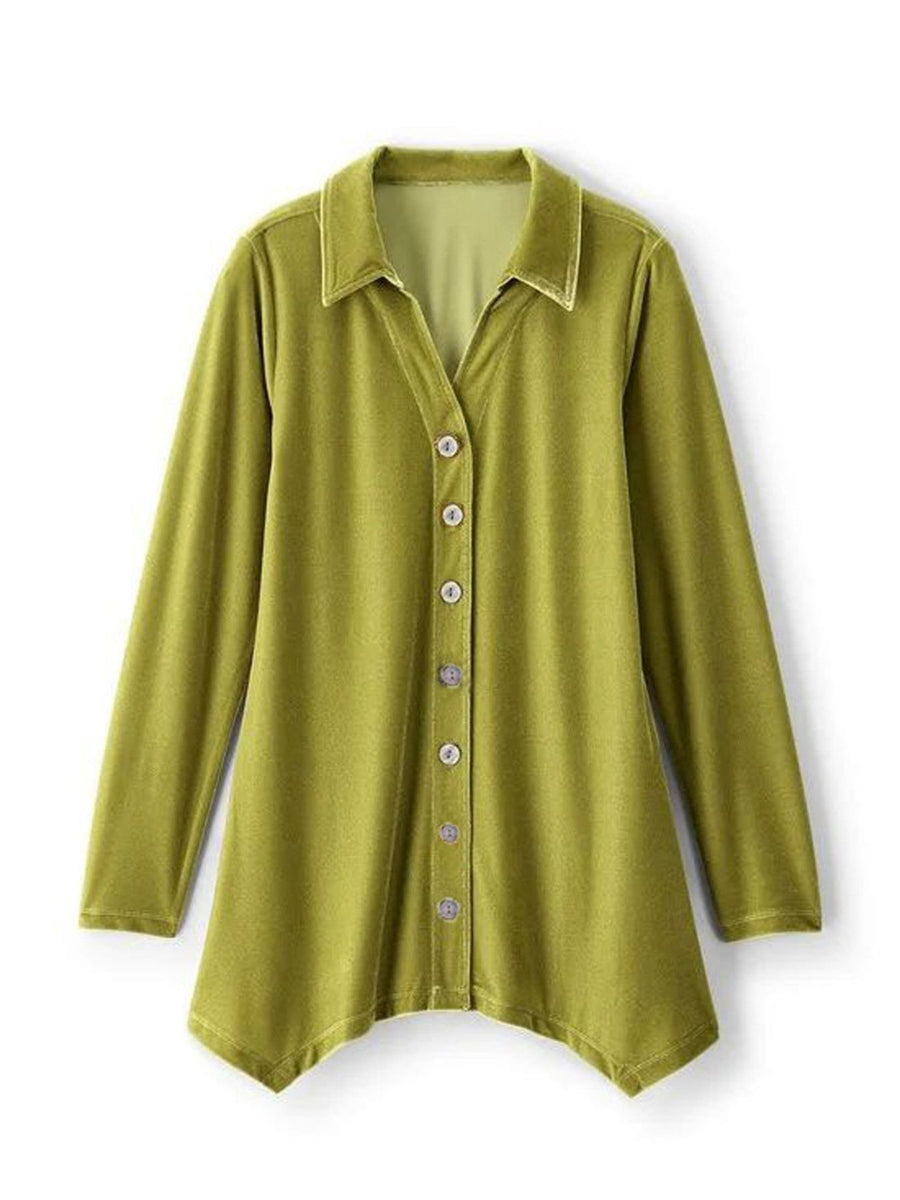 chartreuse button-down shirt with tunic-length and button-front
