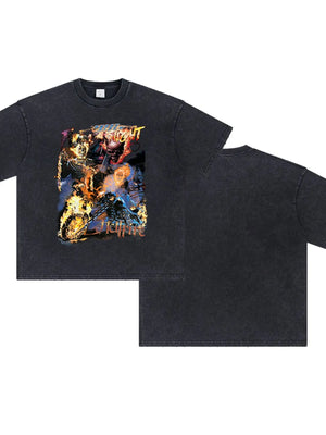 Black vintage graphic tee with oversized fit and fiery skull print
