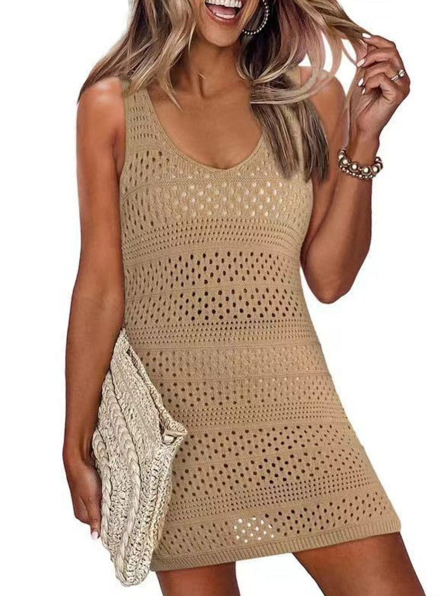 Camel open-knit beach dress with V-neck and slit hem.