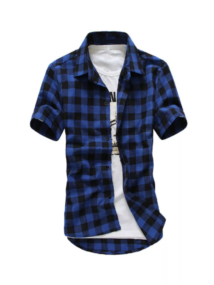 Men's short sleeve button-down shirt in Lake Blue buffalo check, layered over a white tee.
