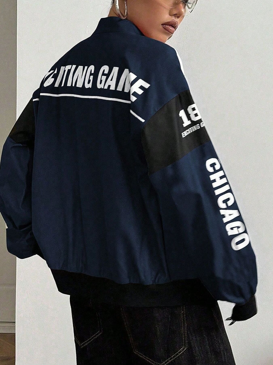 Letter Print Zip Up Jacket in black with zipper