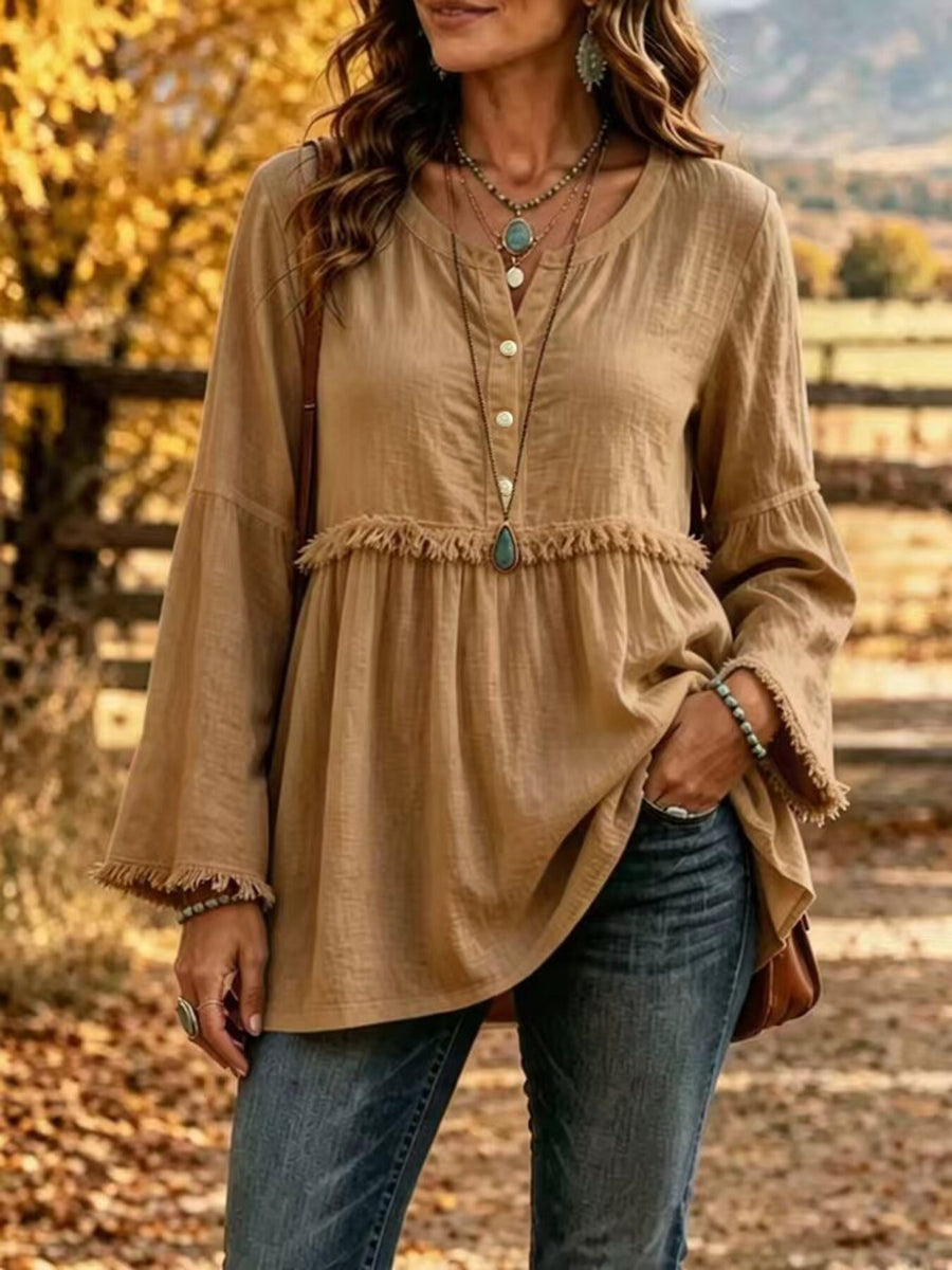Caramel blouse with babydoll and bell sleeve