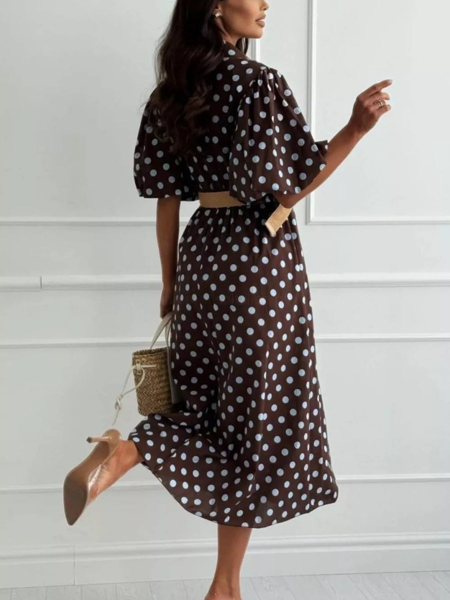 100% polyester Care instructions: Machine wash cold midi dress in Dark Brown with A-line silhouette