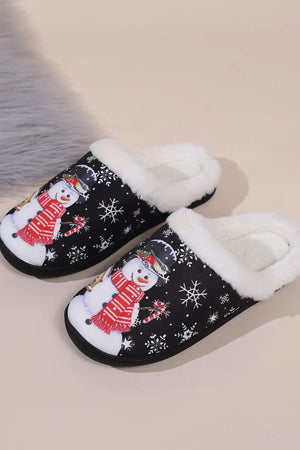 Black faux fur lined slippers with snowman and snowflake print