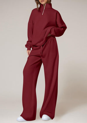 Half-Zip Sweatshirt And Wide-Leg Sweatpants Set in Burgundy with drawstring
