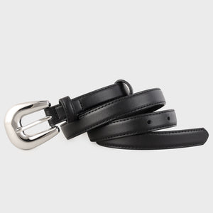 Men's black leather belt with a silver buckle