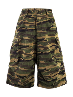 Oversized cotton camo cargo shorts in olive brown with multiple pockets.
