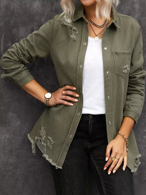 denim jacket in olive green featuring distressed and relaxed fit