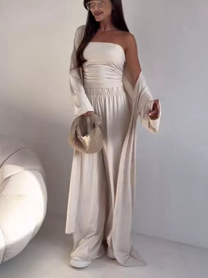 Chic three-piece maternity set in Tan with a strapless top, wide-leg pants, and a long cardigan.