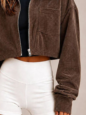 Corduroy Zip Up Cropped Jacket in Dusty Pink with pocketed