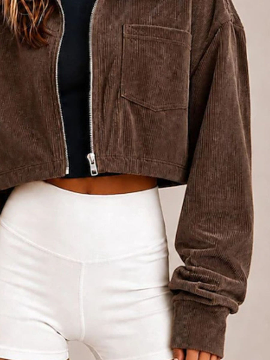 Corduroy Zip Up Cropped Jacket in Dusty Pink with pocketed