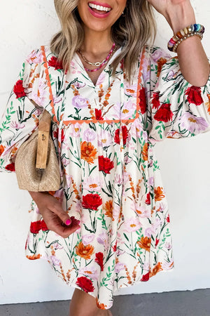Floral Print 3/4 Puff Sleeve Mini Dress in Floral