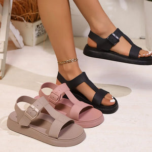 T-strap buckle platform sandals in black, dusty pink, and mocha.