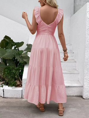Flutter Sleeve V-neck Tiered Maxi Dress in Blush Pink