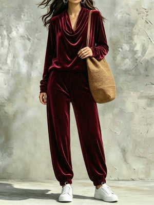 pajama set in Navy Blue with cowl neck and hip-length, full-length