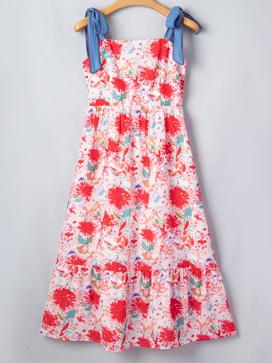 Floral print midi dress with tie shoulders and tiered hem