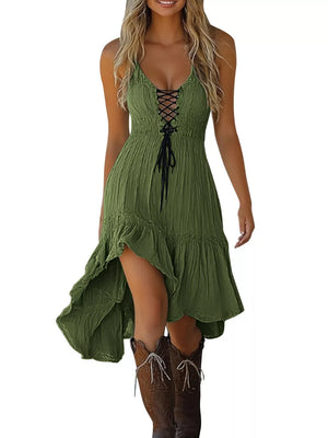 Dark Green sundress with high-low hem and spaghetti strap