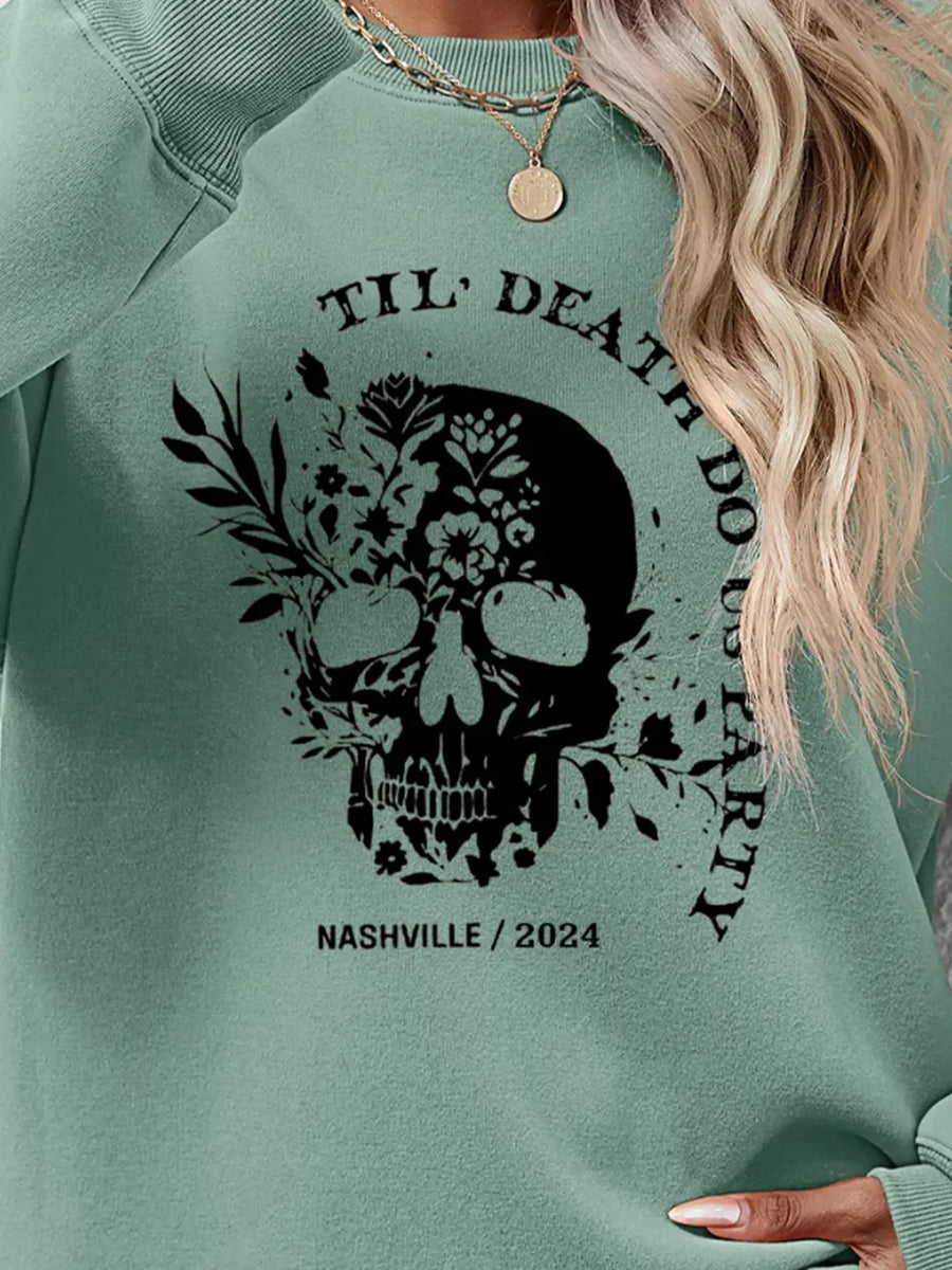 Sage green sweatshirt with floral skull graphic and "Til Death Do Us Party Nashville / 2024" text.