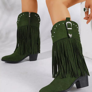 Fringe Round Toe Block Heel Boots in Orange with fringe