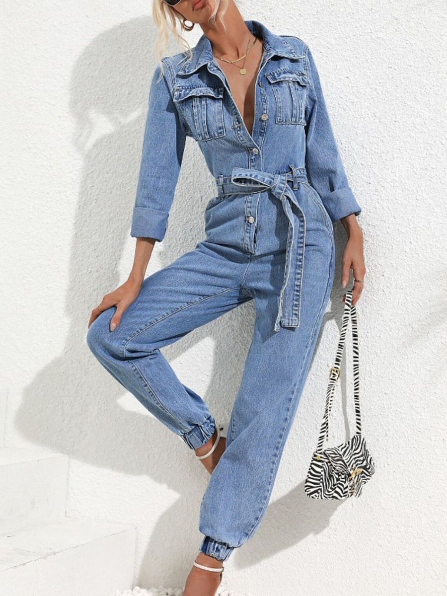 jumpsuit in light blue featuring buttoned and relaxed fit