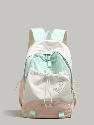 Nylon drawstring backpack with pockets in colorblock white, mint green, and peach with star patch detail.