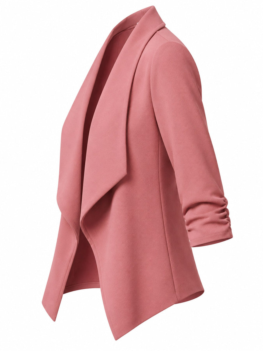 Full Size Open Front Drape Blazer 3/4 Sleeves in Hot Pink with ruched