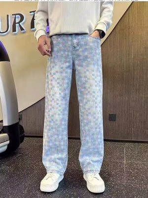 pastel pink wide-leg jeans featuring plus-size and checkerboard
