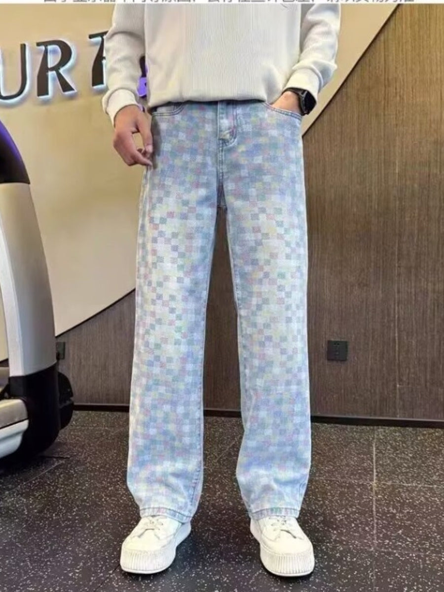 pastel pink wide-leg jeans featuring plus-size and checkerboard