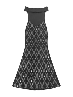silver maxi dress with back-zip and geometric
