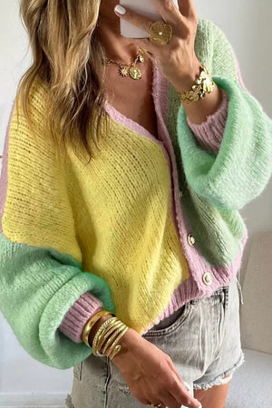 mint green cardigan featuring buttoned and color-block