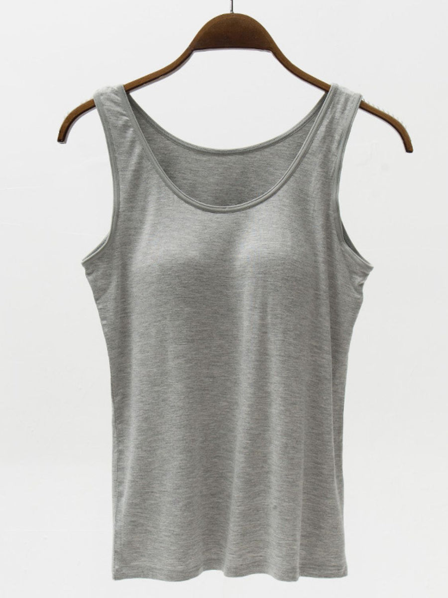 Gray modal tank top with scoop neck and built-in support.