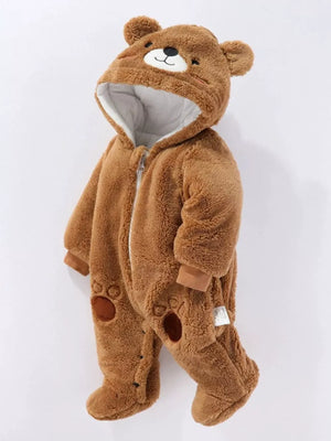 Brown bear hooded fleece baby snowsuit with paw details and zipper closure.