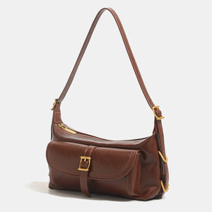 Vintage PU Leather Shoulder Bag With Buckle in Caramel with buckle detail