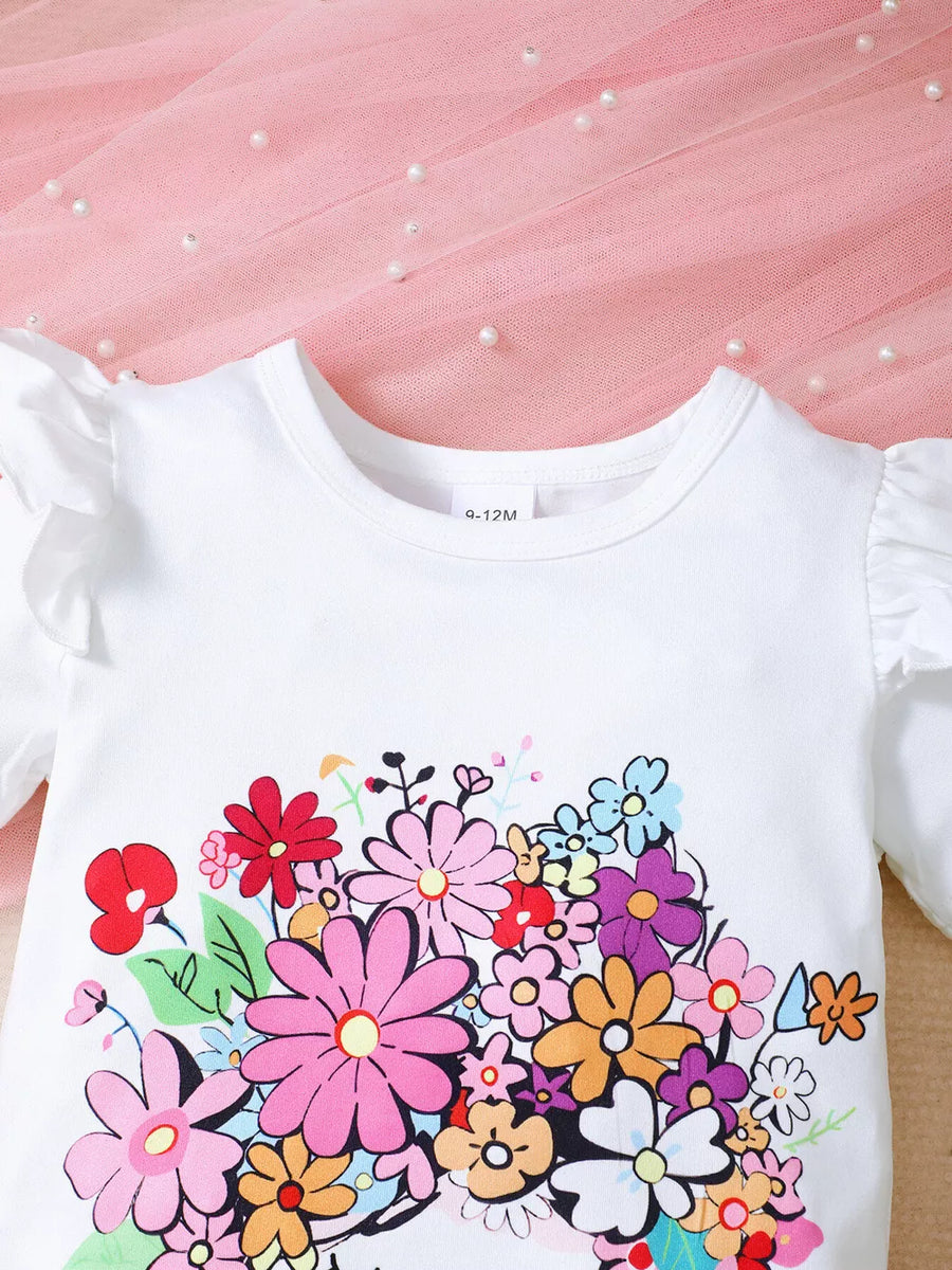 White baby set with colorful floral print and ruffle sleeves
