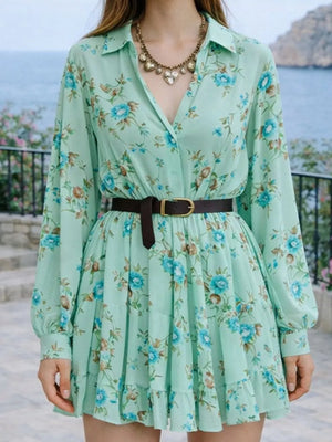 Floral Print Long Sleeve Shirt Dress Plus Size in sage green with buttoned