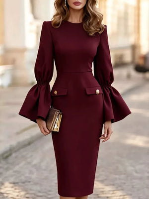 classic midi dress in White with round neck