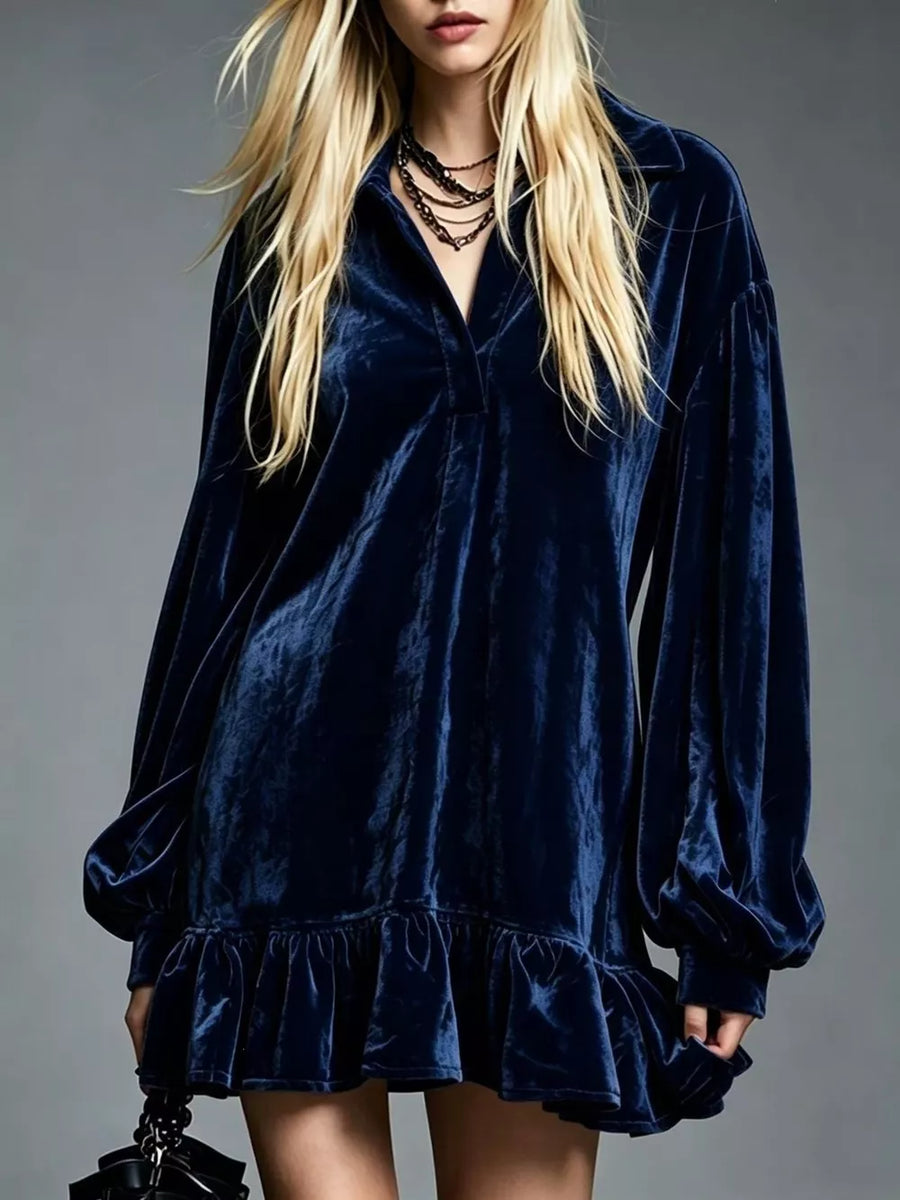 mini dress in Deep Purple with collared and bishop sleeve