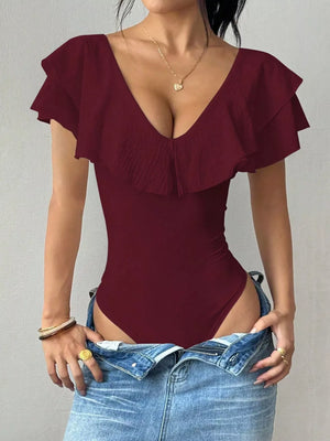 Ruffle Trim V-neck Bodysuit in Black
