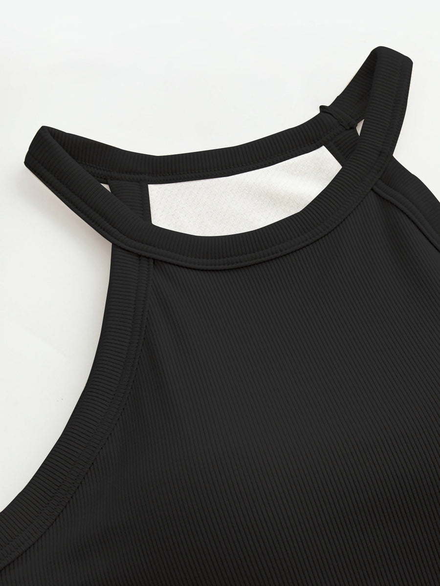 Black ribbed halter tank top with built-in bra detail