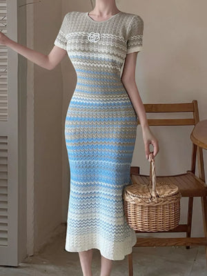 Light Blue with Gradient Knit Striped Midi Dress