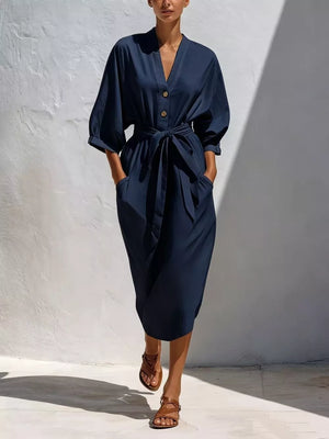 midi dress in Light Blue with buttoned and midi