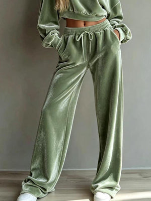 Full Size Cropped Sweatshirt And Wide-Leg Pants Set in Sage with drawstring